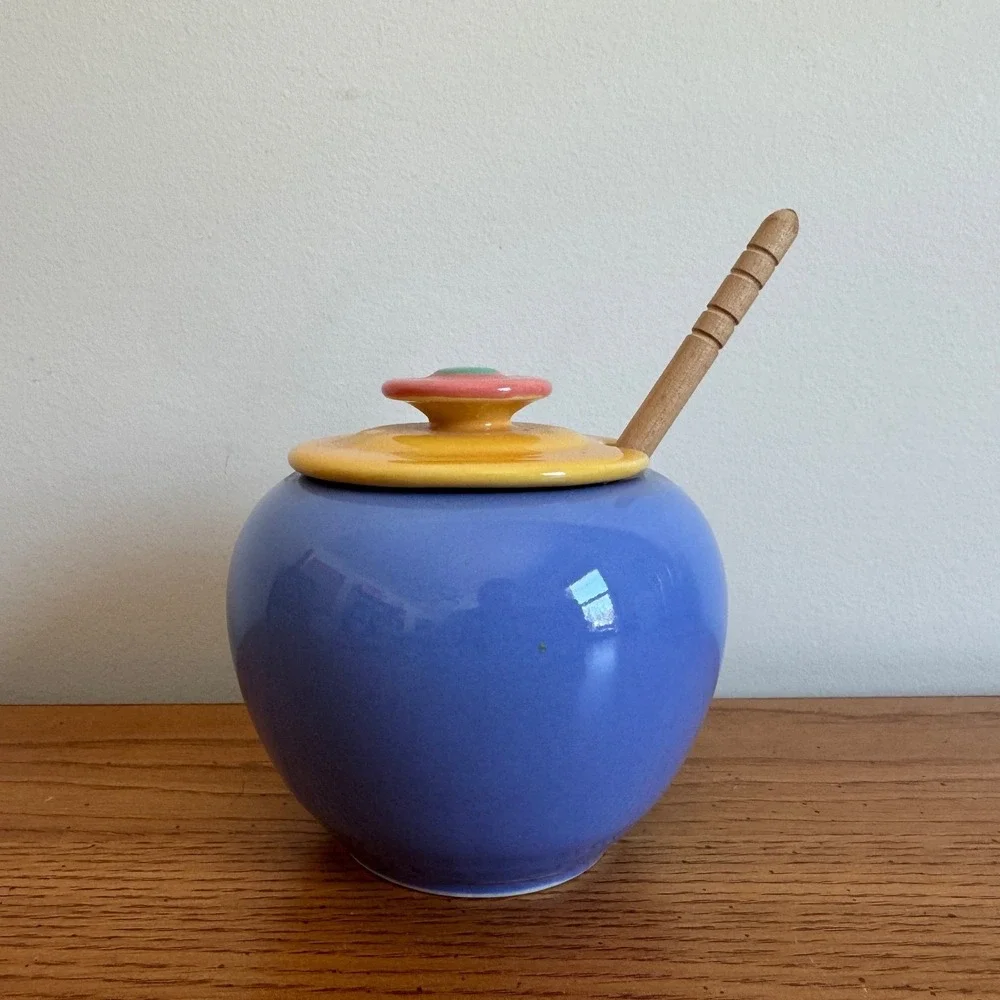 Vintage Ceramic Honey Pot Jar with Lid and Wooden Dipper Pastel Colors